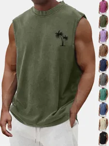 Men's Vintage Washed Loose Casual Tank Top Pure Cotton Summer Sleeveless Shirt Palm Tree Print Basic Fitness Gym Vest