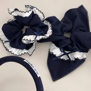 Dark blue hair scrunchies lace bow hair ties and headband detailed accessory set for women.