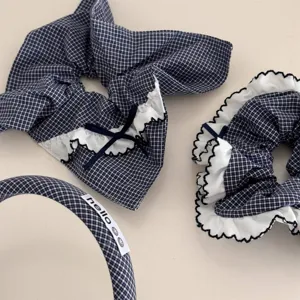 Navy blue plaid hair scrunchie lace bow headband set aesthetic cute daily hair accessories