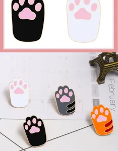 Cute cat paw enamel pin detail shot, featuring colorful alloy cute brooches for outfits and bags.