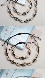 Set bracciale collana intrecciato con conchiglie di cauri bohémien corda nera regolabile gioielli