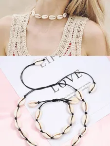 Ensemble de collier et bracelet ras du cou en coquillage tisse main pour la plage