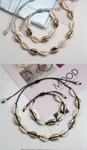 Set collana bracciale con conchiglie di ciprea in corda intrecciata stile spiaggia gioielli
