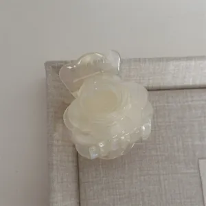 Gros plan d'une élégante pince à cheveux rose blanc crème en résine, accessoire chic.