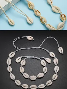 Ensemble collier bracelet de coquillage tisse hawaien bijoux de plage naturels pour femme