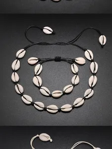 Ensemble collier bracelet coquillage tisse main plage ete bijoux boheme vue detail