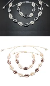 Set collana e bracciale in conchiglia a strati boho corda intrecciata regolabile gioielli