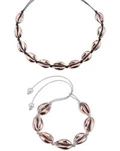 Boho rose gold shell necklace and bracelet set, handmade woven cord jewelry details.