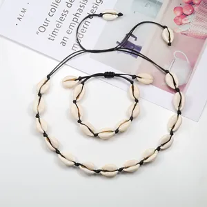 Parure Bijoux en Coquillage Naturel Artisanat Bohème Collier Ras du Cou Tissé Réglable Bracelet Assorti Accessoires Plage Vacances Unisexe