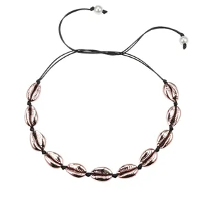 Boho rose gold cowrie shell choker necklace with adjustable cord and pearl tips main view.