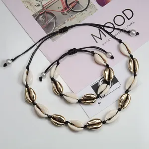 Set di Gioielli Conchiglia Boho per Donna Uomo Intrecciato a Mano Regolabile Cordino Collana Braccialetto Set Spiaggia Vacanza Festa Regalo