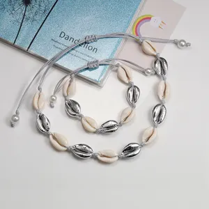Set braccialetti di conchiglie intrecciate fatto a mano cavigliera regolabile gioielli mare