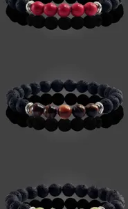 Vulkanstein Edelstein Perlen Armband Set, stilvolles Tigerauge und Türkis Energie Schmuck.