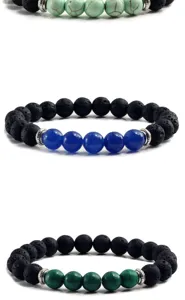 Vulkanstein und bunte Türkis Perlen Armband Set, Retro Stil Energie Modeschmuck.