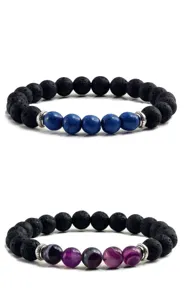 Vulkanstein und bunte Achat Perlen Armband Detailansicht, elegantes Energie Schmuck Design.