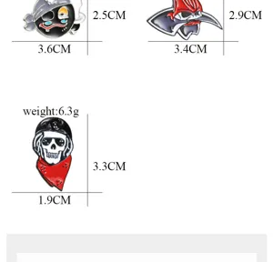 Halloween theme skull pirate alloy enamel brooch pins set with detailed exact sizes.