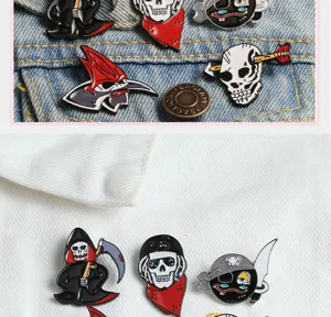 Halloween theme enamel pin set featuring grim reaper skull and pirate designs for apparel