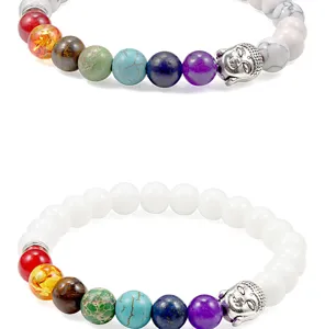 7 Chakra Gemstone Buddha Head Stretch Bracelet Natural Stone Beaded Yoga Healing Jewelry