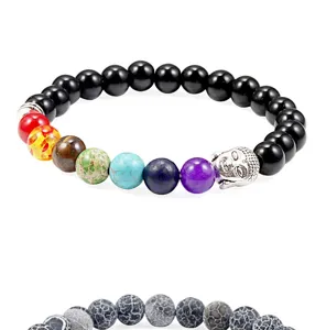 Chakra lava stone beaded bracelet with silver Buddha head, natural healing gemstone jewelry.