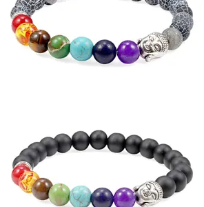 Chakra lava stone Buddha head bracelet set featuring colorful natural gemstone beads.