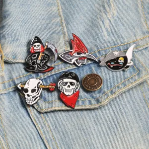 Halloween themed skull and grim reaper enamel pins set, cool pirate alloy brooch badges.