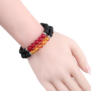 Doppelreihiges Lavastein Perlenarmband mit roten und gelben Perlen, europäischer Schmuck.