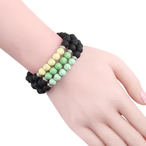 Mehrlagiges Vulkanstein und Türkis Perlen Armband, europäischer Stil Energie Armreif.