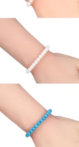 Beaded stone bracelet set, 6mm turquoise and white beads, casual daily wrist jewelry style.