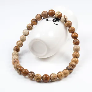 Cross-border picture jasper bead bracelet, natural brown stone round beaded jewelry for daily wear.