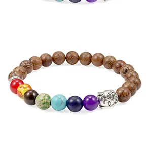 Chakra stones wood beads buddha head bracelet natural gemstone yoga healing jewelry gift
