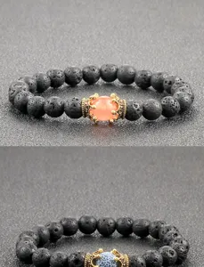 Schwarzes Lavastein Perlenarmband mit Kronen Anhänger und farbigen Stein für Herren Damen.