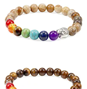 Detailed view of natural stone chakra beaded bracelets with Buddha head and tiger eye stones.