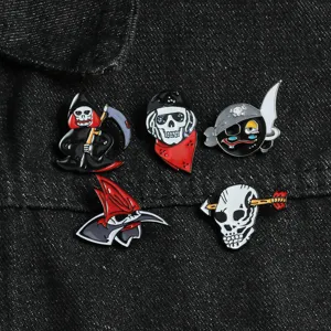 Halloween theme brooch set featuring grim reaper skull and pirate enamel pin designs for festive wear.