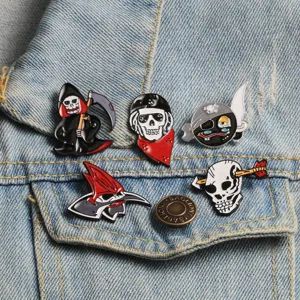 Halloween skull skeleton enamel pins set, gothic punk metal brooch badges for jackets.