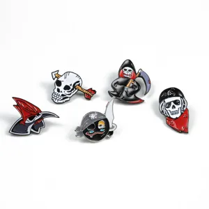Halloween themed enamel pin set featuring skeleton, grim reaper and pirate brooch designs.