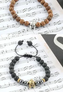 Spartaans helm kralen armband set, natuurlijk hout en lavasteen yoga gevlochten charm sieraden.