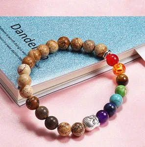 Chakra lava stone and turquoise beaded bracelet with Buddha head charm for daily wear energy style.