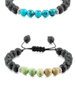 Detail van natuurstenen lavasteen en turkoois kralenarmband met verstelbaar koord.