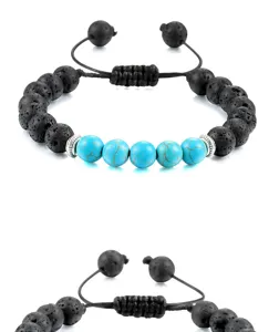 Verstelbare gevlochten armband met zwarte lavasteen en turquoiseparels voor yogakleding.
