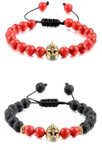 Kralenarmband set met spartaans helmbedeltje van rode turkoois en zwarte vulkaansteen.