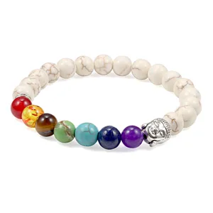 Howlite 7 Chakra Buddha Head Beaded Bracelet Natural Stone Yoga Energy Bangle for Adults