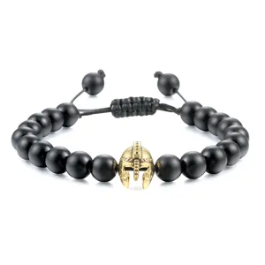 Stijlvolle Heren Zwarte Kralen Armband met Gouden Spartaanse Helm Verstelbaar Sieraden