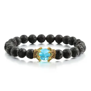 Vulkanstein Perlenarmband mit blauem Perle und goldener Kronen Legierung für Damen und Herren