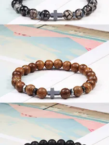 Prachtige natuurlijke steen en houten kralen kruis armband yoga energie detail