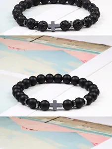 Zwarte vulkanische steen en mat agaat kralen armband met hematiet kruis voor yoga en energie