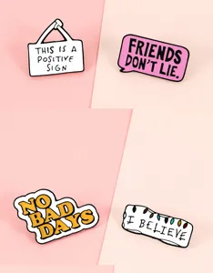 Creative enamel pins set featuring trendy English quotes and cute quote badge designs.