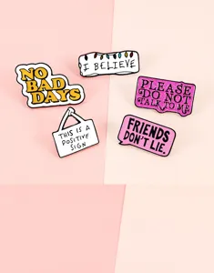 Creative enamel pins set with funny letter quotes, cute alloy badges for apparel decoration.