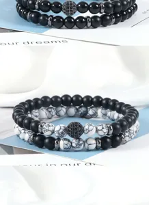 Stijlvolle meerlaagse kralenarmbandset met matte zwarte en stenen kralen voor unisex.