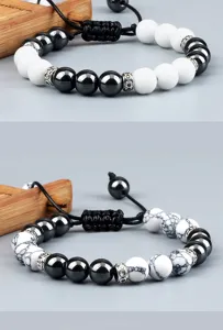 Natuurlijke hematiet en witte stenen kralen geweven koppel armband met legering spacers.