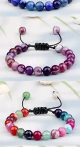 Bracelet en perles d'agate rayée naturelle pour hommes et femmes avec cordon tressé réglable.